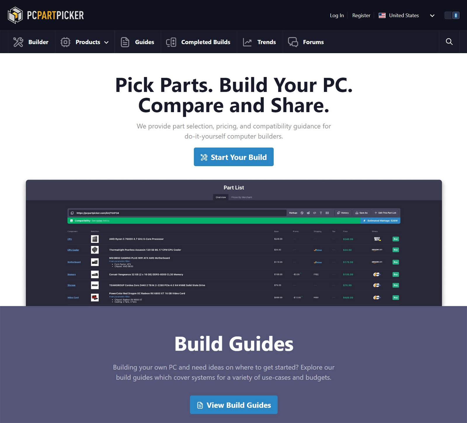 pcpartpicker homepage