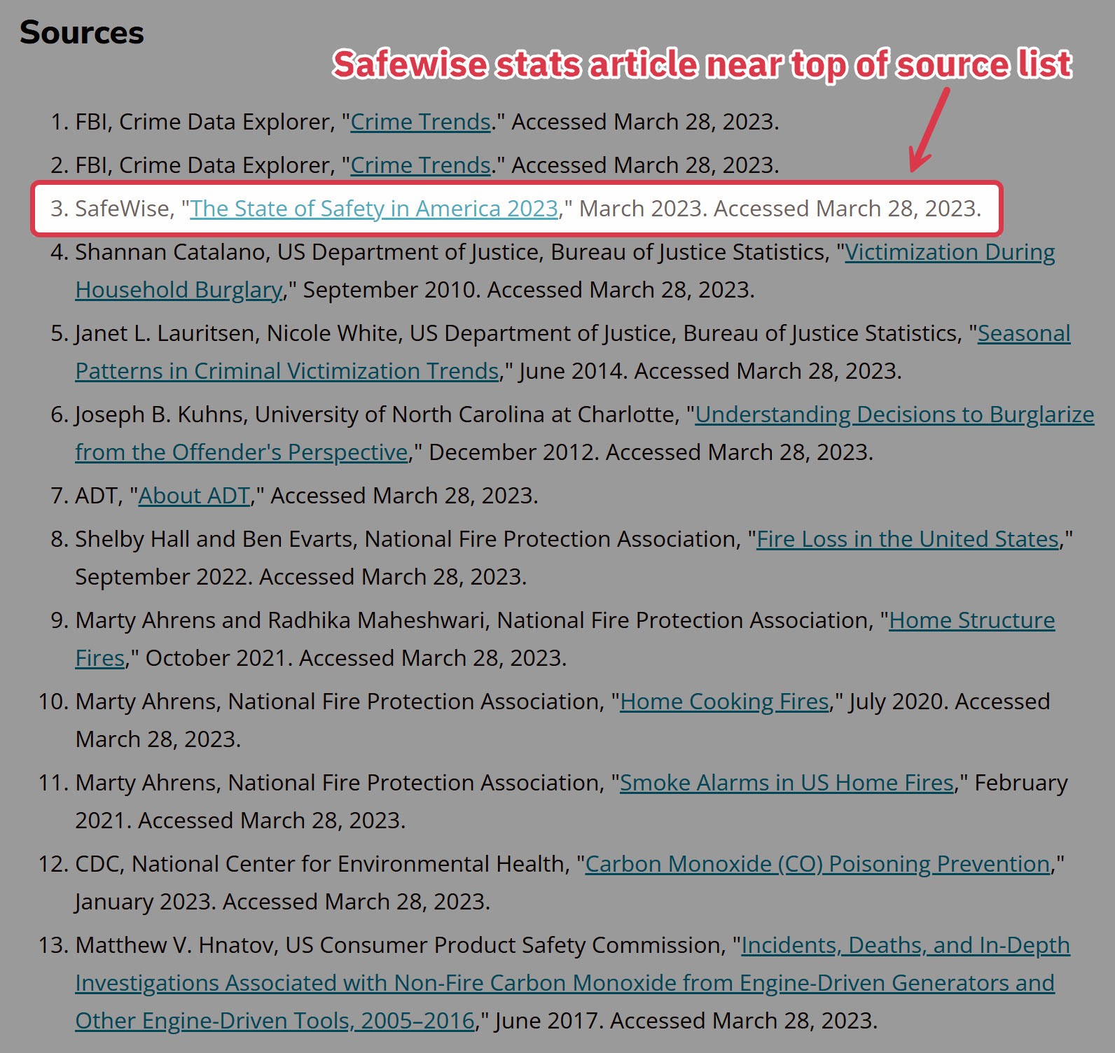 Safewise sources list