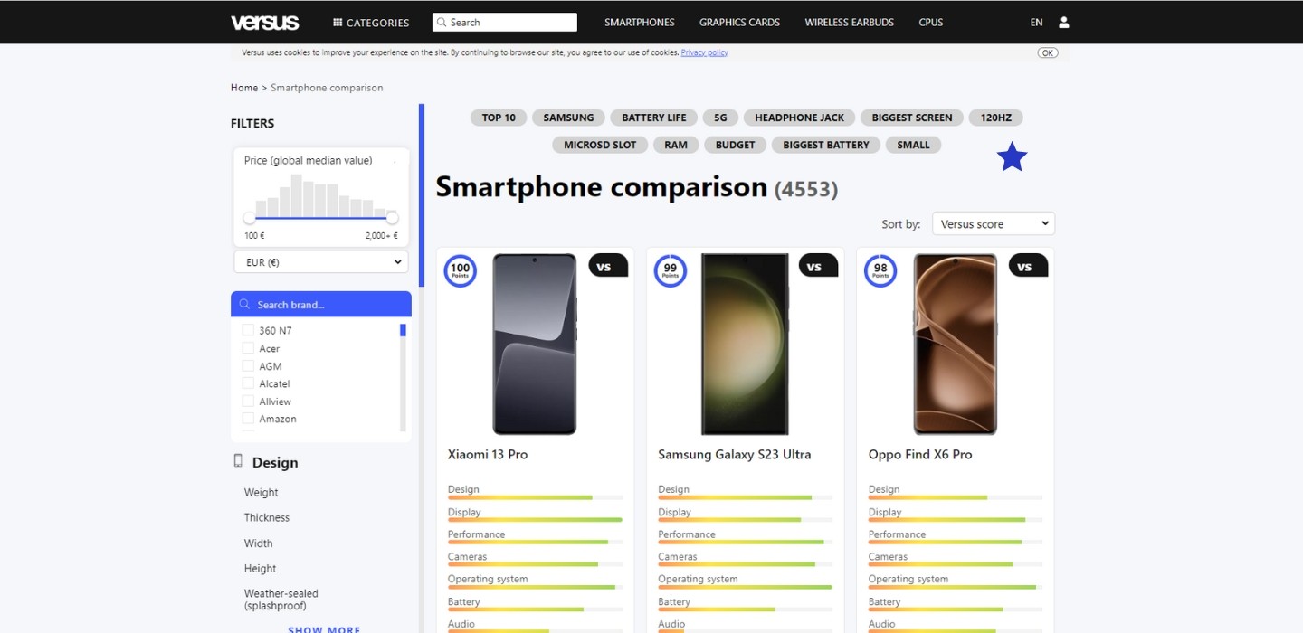 versus comparison table example