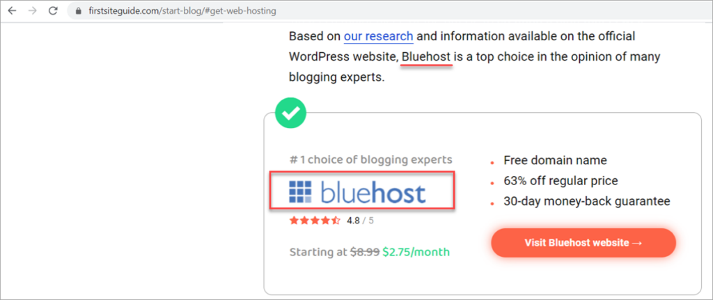 Affiliate Link Bluehost Recommendation2