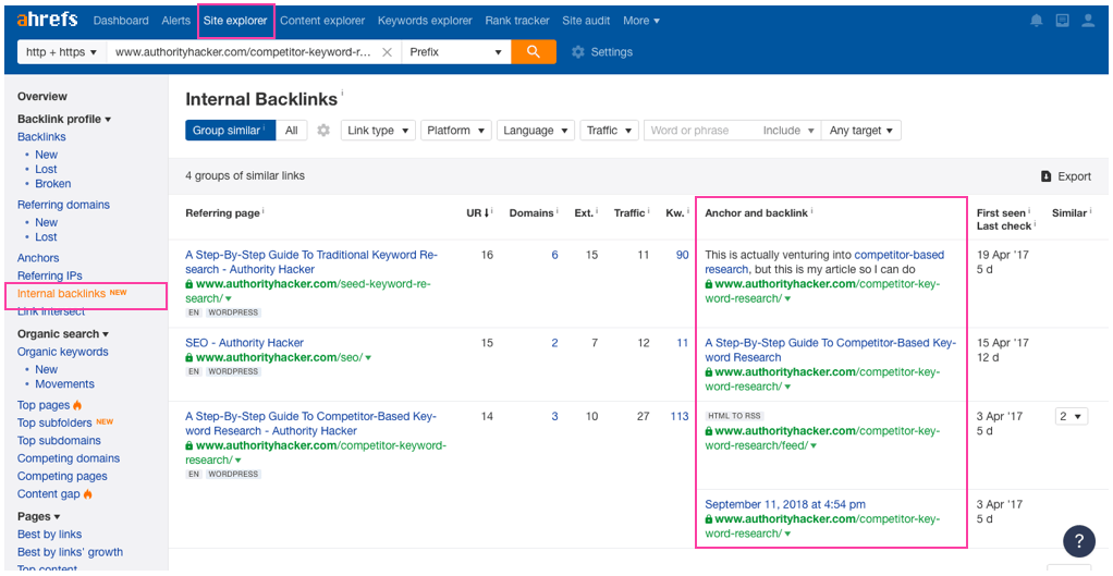 Ahrefs Internal Backlinks Report