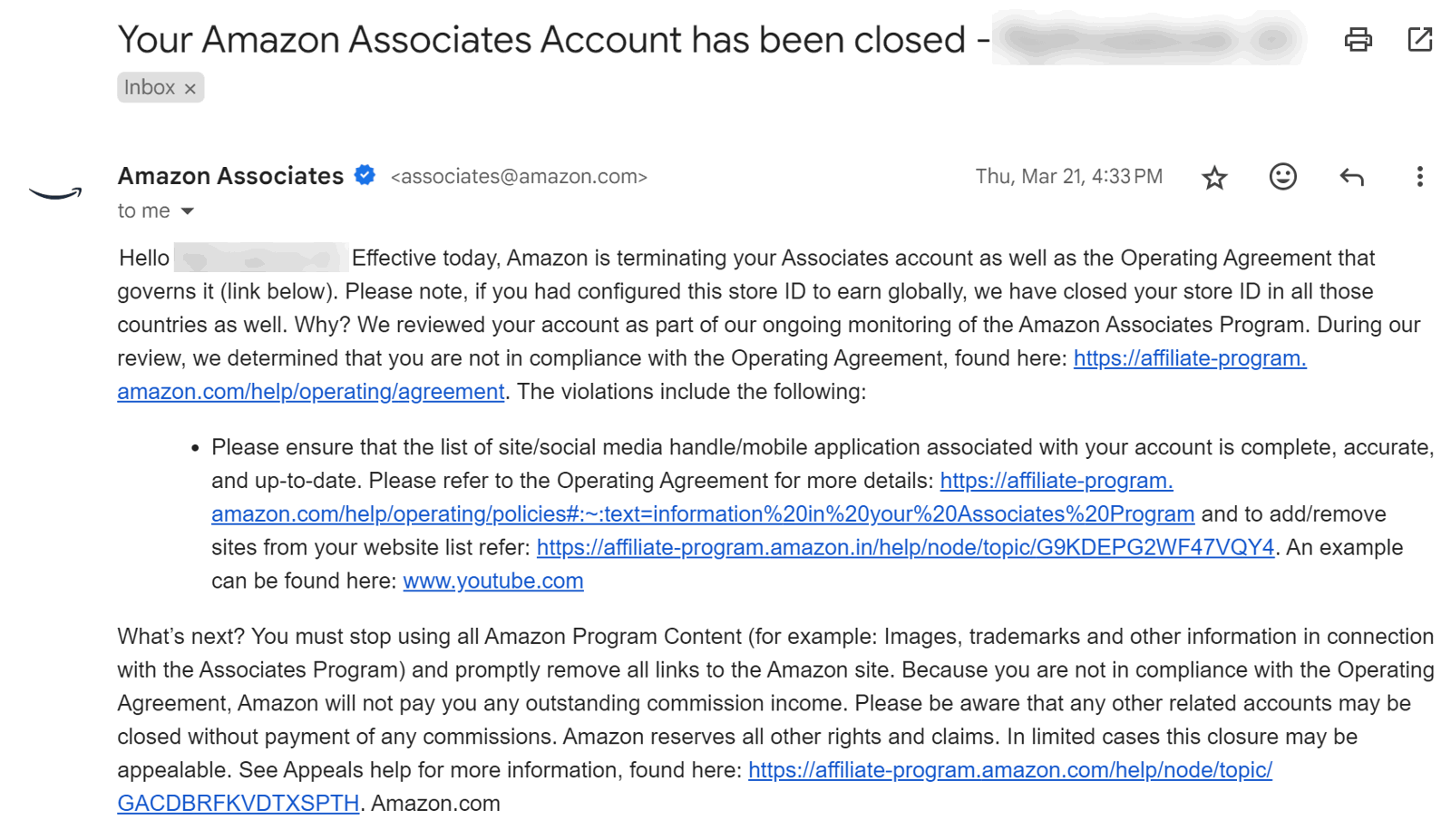 amazon associates closed email