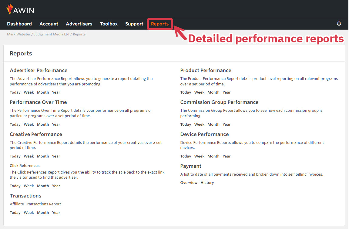 Awin performance reports