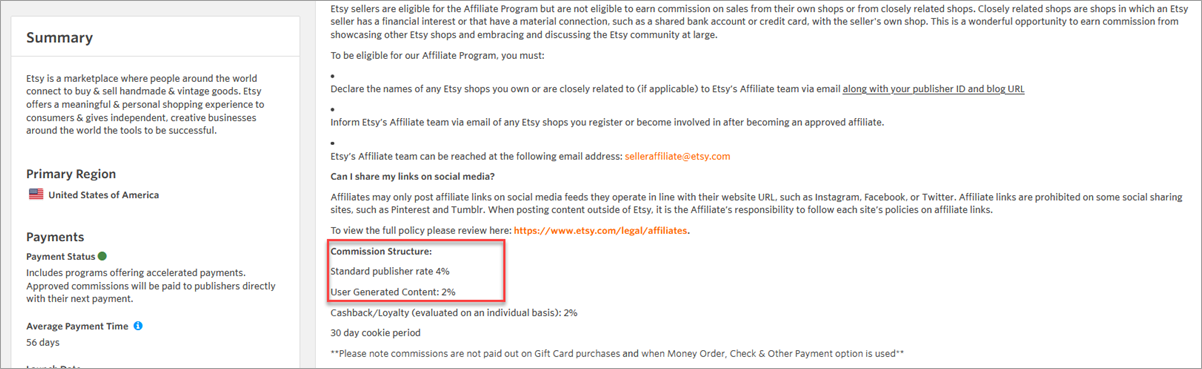 Etsy Affiliate Commission Structure