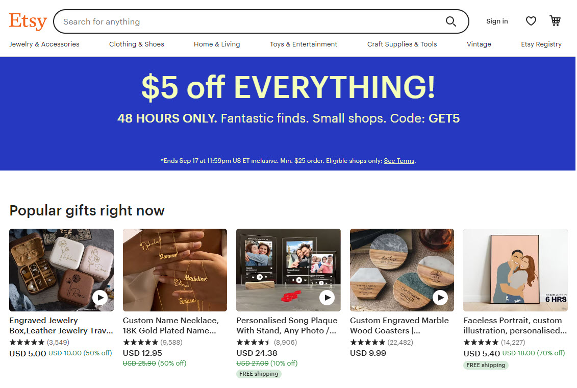 Etsy homepage