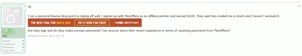 The next set of complaints covers some of the same territory – withheld affiliate commissions, and a pretty dim view of FlexOffers’ customer support and ticketing systems. 