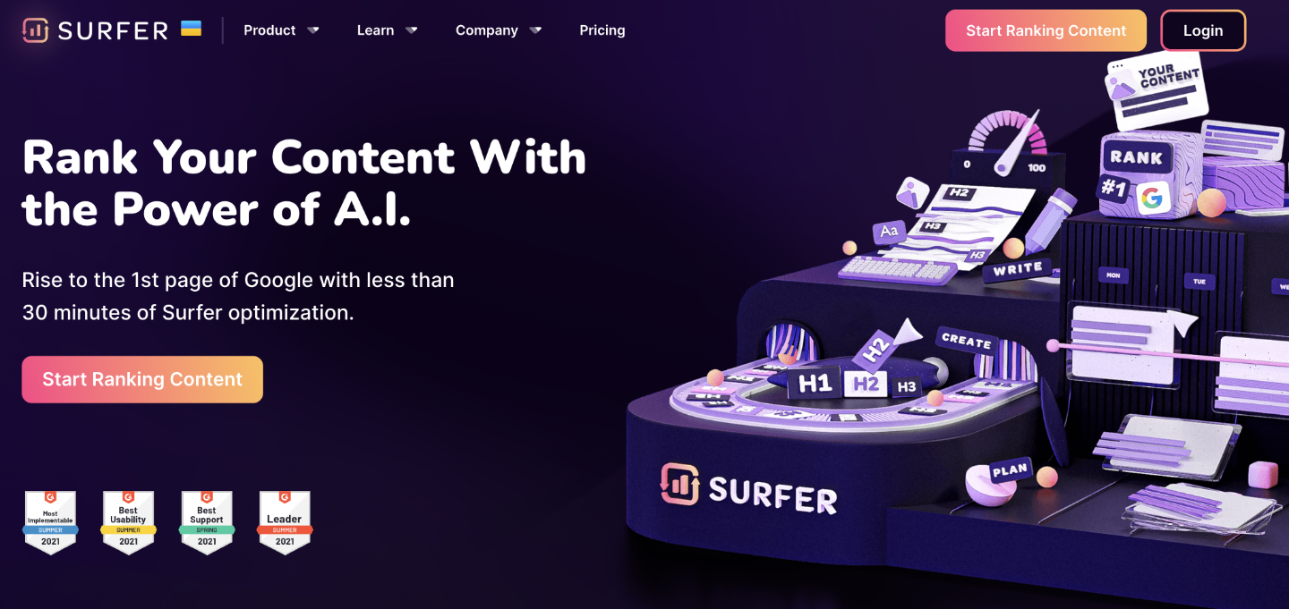 Surfer SEO's website