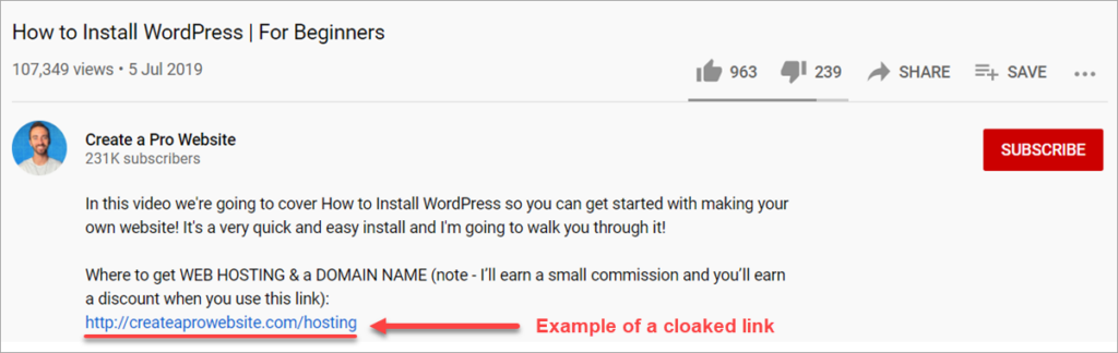 Youtube Video Description With Cloaked Affiliate Link